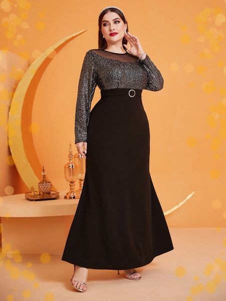 plus sequins insert contrast mesh mermaid hem dress 48vk#, Black